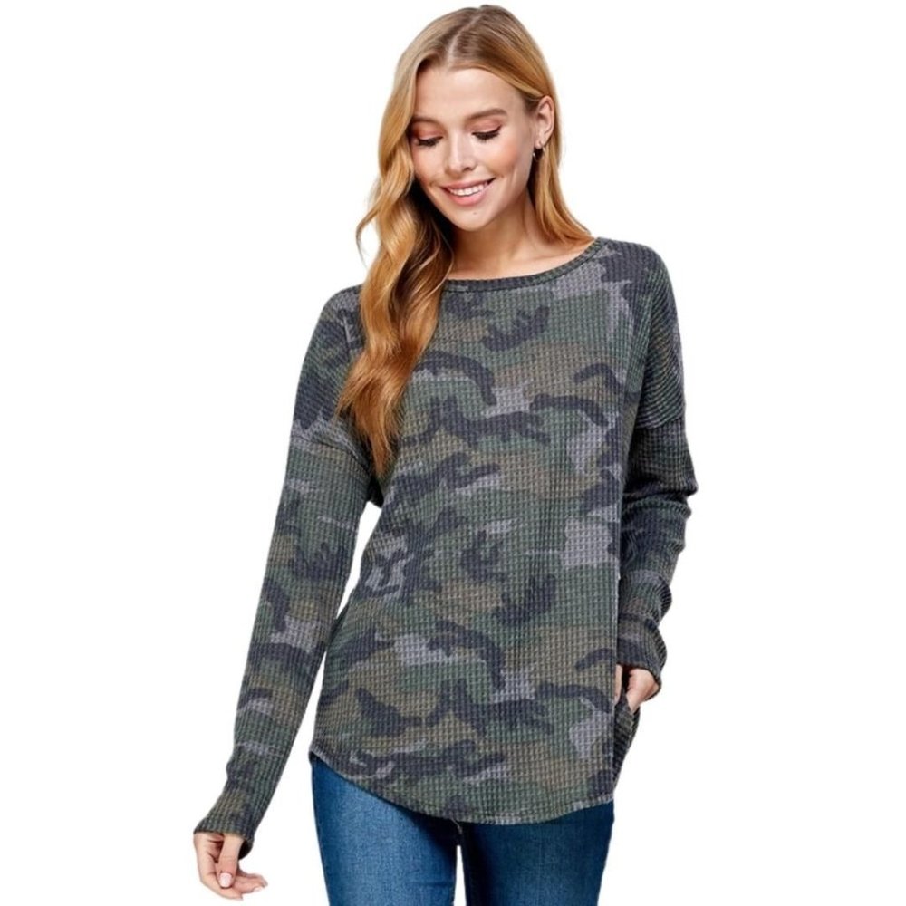 Twenty Ten Green Brushed Waffle Knit Camo Print Long Sleeve Top TTP-507WP2